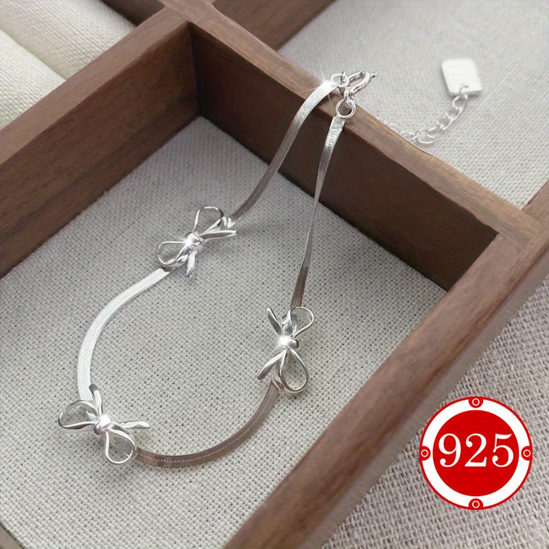 Women's 925 Silver Snake Bone Chain Bracelet with Bow