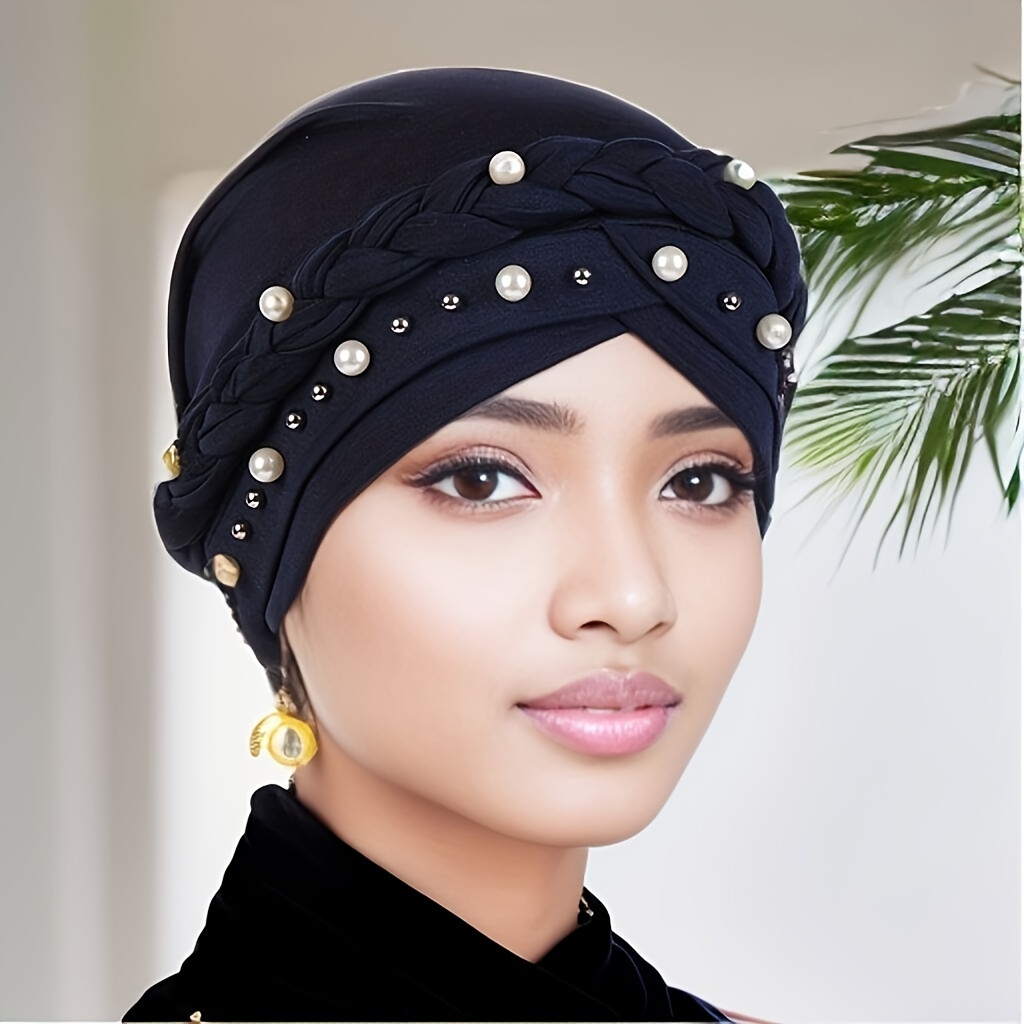 

Elastic Ramadan Turban Hat With Faux Pearl Accents, Pre Tied Forehead Crisscross Chemo Hat, Lightweight Headwear For Women