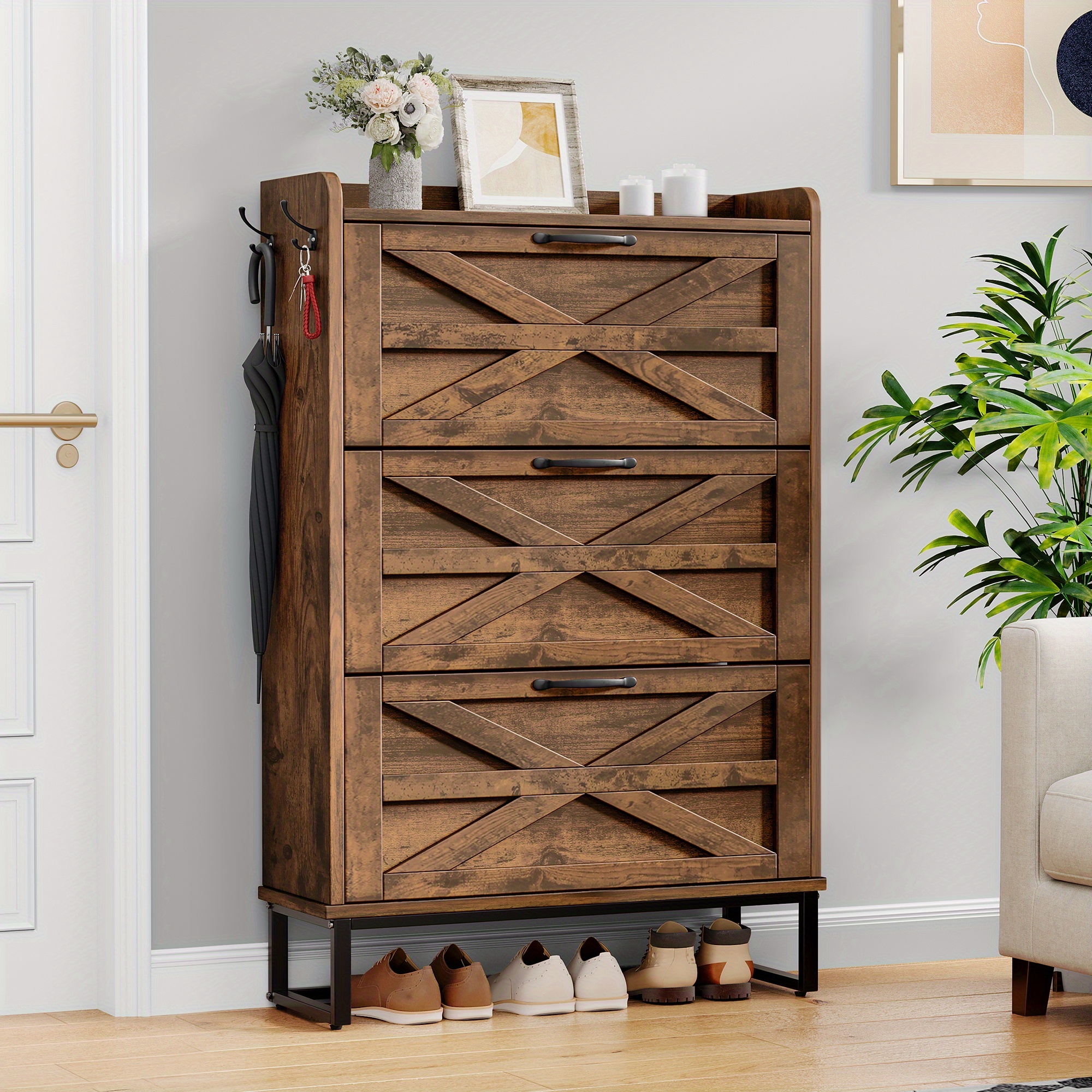TEMU Farmhouse Shoe Storage Cabinet With 3 Flip Drawers, Freestanding Shoe Organizer For 24 Pairs, Narrow Slim Shoe Rack Cabinet For Entryway, Living Room, Hallway (rustic Brown)