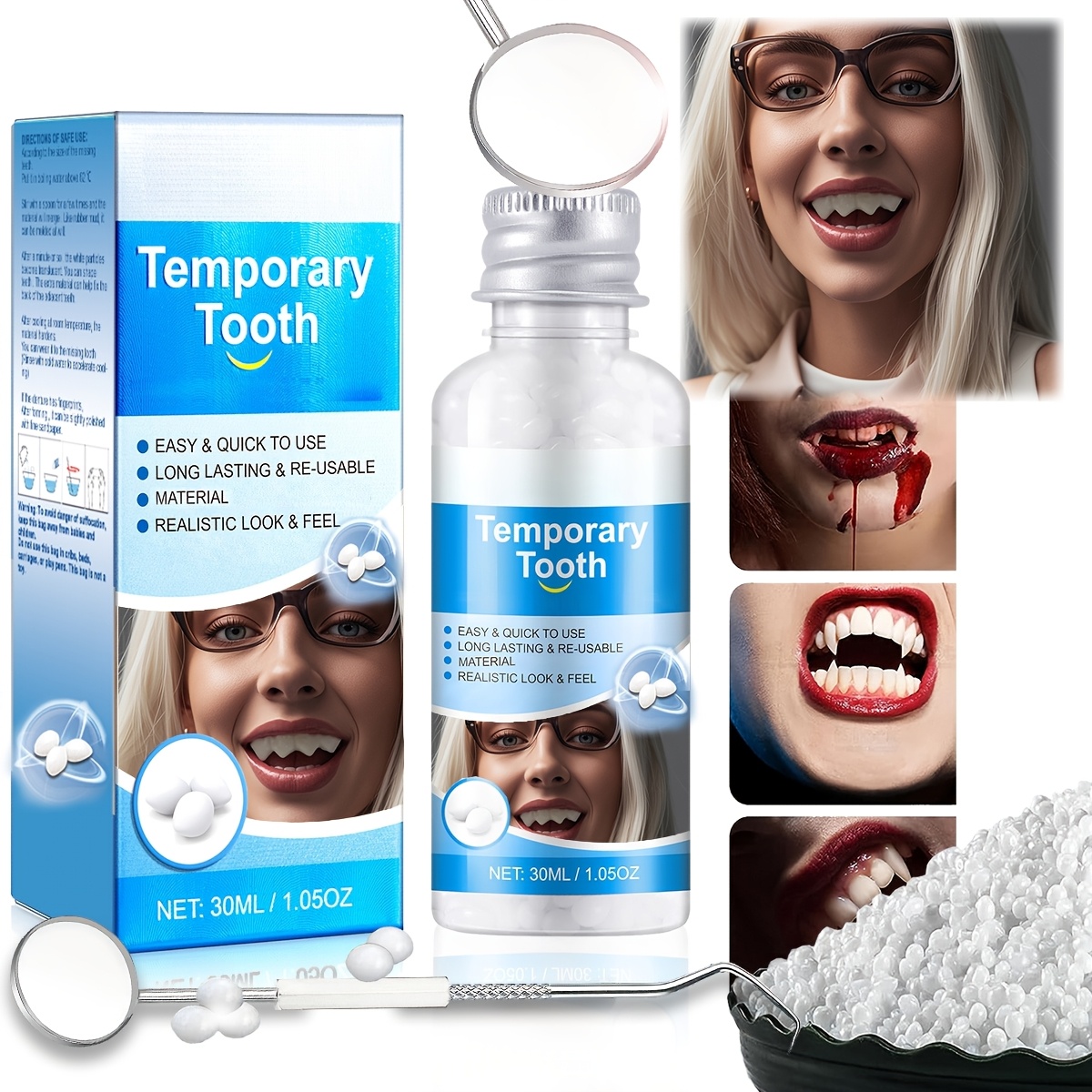 

Temporary Dental Decorations. Party Vampire Fangs - Character Teeth Accessories - Cosplay. And Quick To Put On. And Reusable.