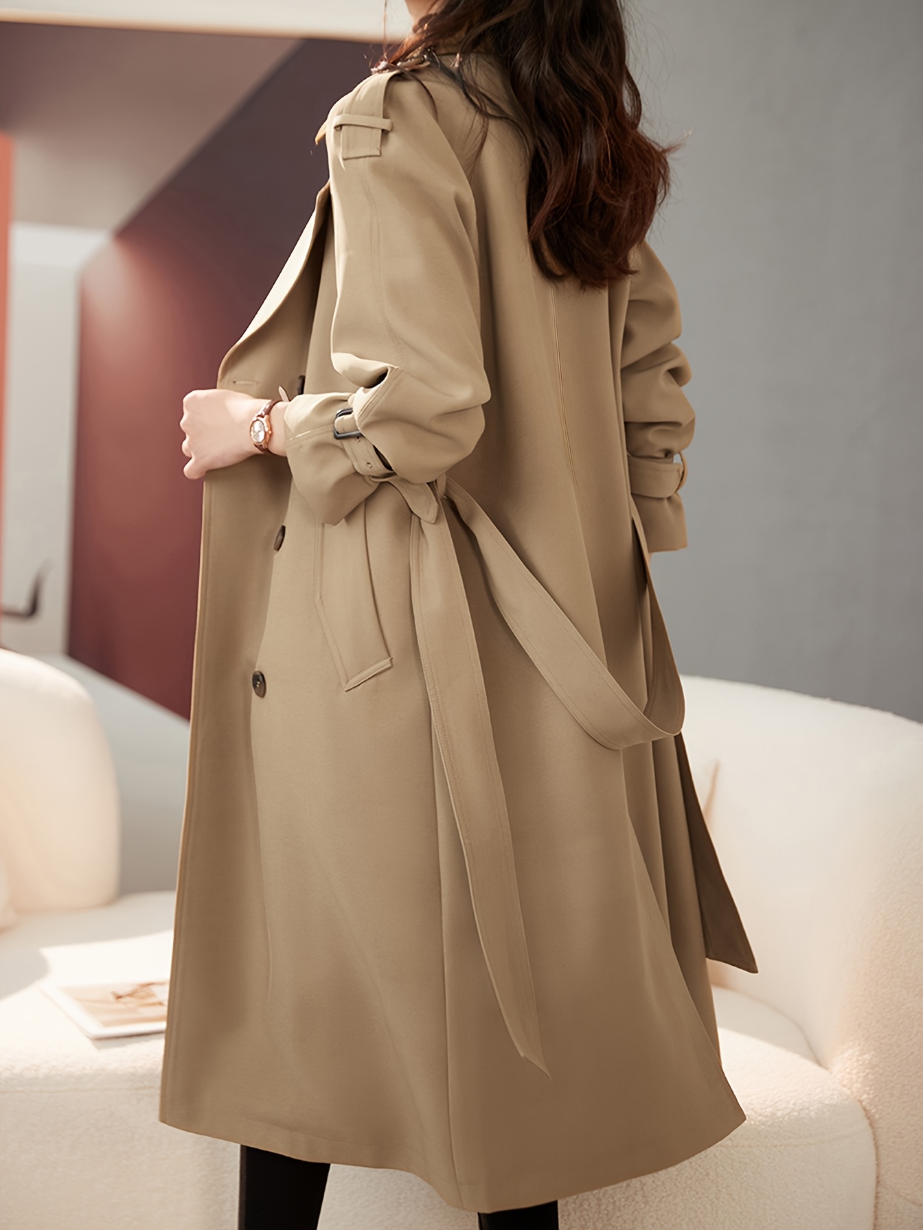 mohomo[elegant solid color belted windbreaker]24 year's - Temu