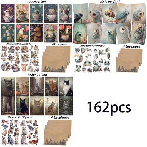 162pcs 30cards 120stickers 12envelopes flower animal thick postcard set for scrapbooking supplies junk journal kits diy crafts greetingcard watercolor art holiday decorations postcard