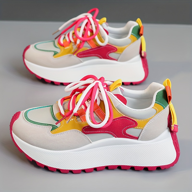 New Women's Dad Shoes 2024 Autumn Height-Increasing Casual Breathable Thick-Sole Red Color-Block Travel Versatile Shoes, Women Shoes, Sneakers