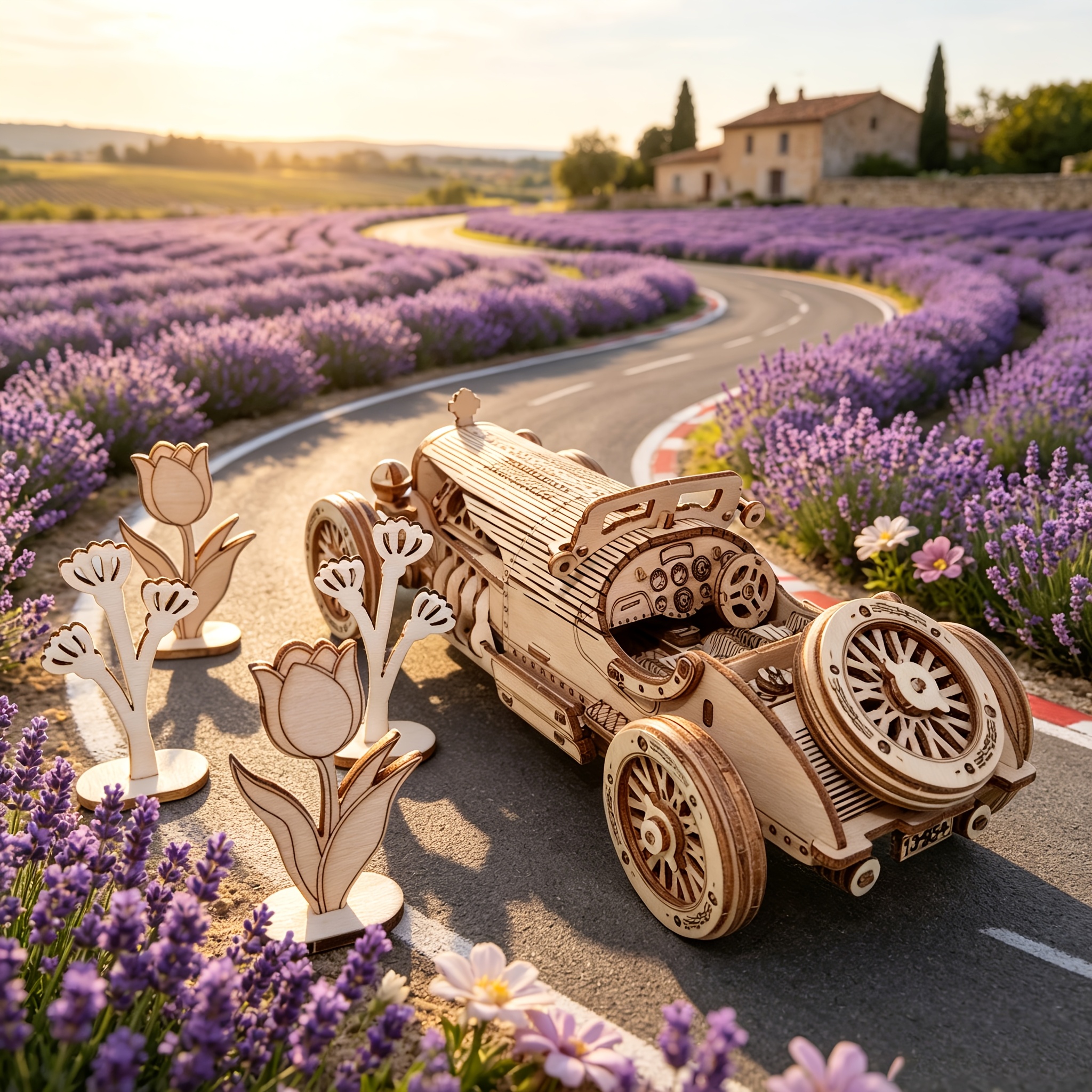 Vintage Convertible Sports Car Wooden Puzzle Set with Flower Ornaments