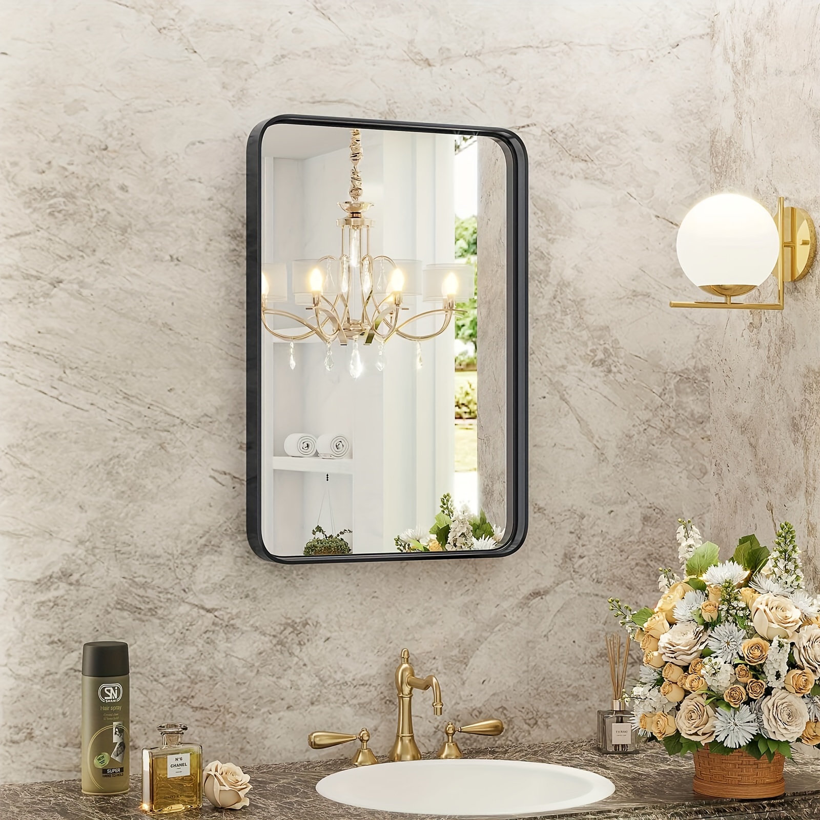 

1pc Wall Mounted Makeup Mirror For Bathroom, Black Metal Framed, Rounded Corner Rectangle Vanity Mirror, Makeup Mirrors For Wall, Anti-rust Tempered Glass, Hangs Horizontally Or Vertical