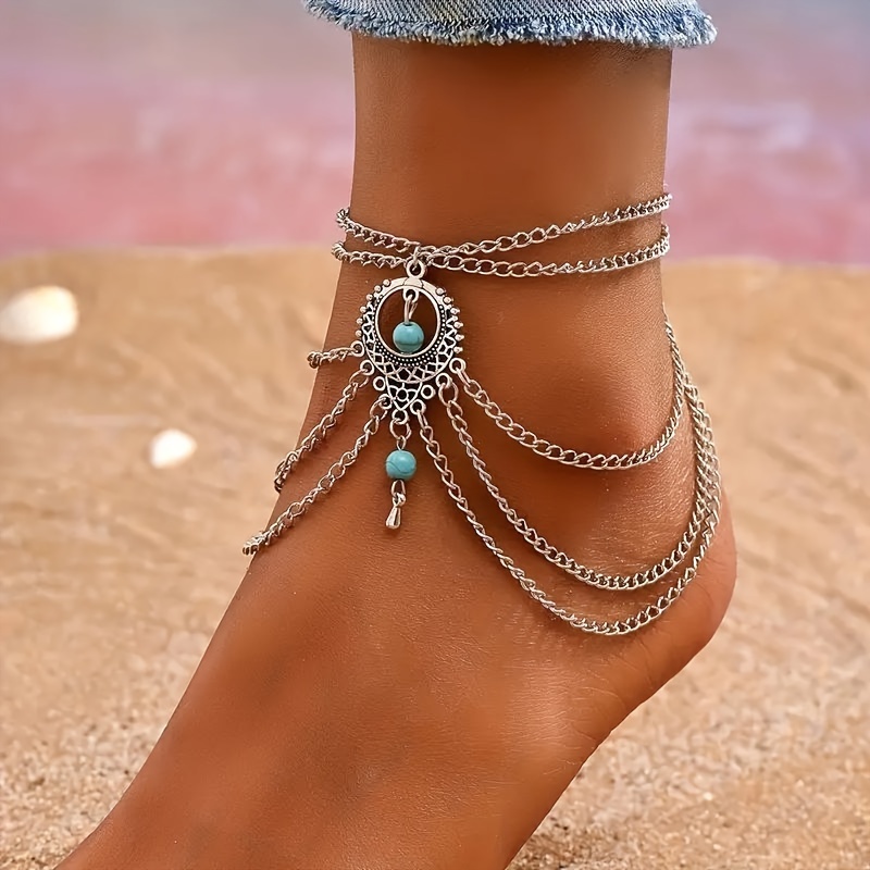 

2 Pieces Of Bohemian Vintage Layered Chain Ankles With Turquoise Bead Pendants, Hollowed Out Elegant Women's Foot Jewelry, Fashionable Accessories For Summer, Beach Parties, And Music Festivals