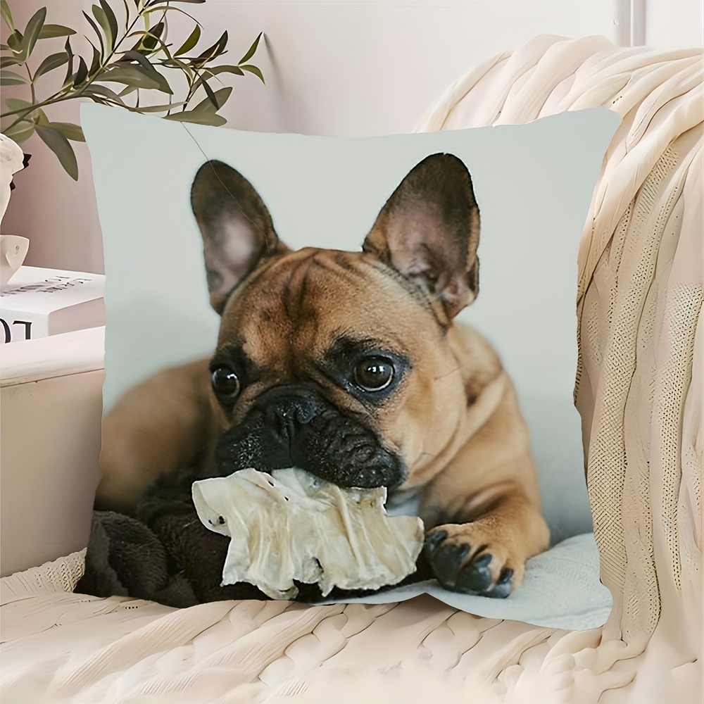 

1pc, Contemporary Style French Bulldog Cushion Cover, 18x18 Inches, Short Plush, Mixed Color, Zipper Closure, Machine Washable, Polyester Fabric, Suitable For Living Room, Sofa, Bedroom Decor