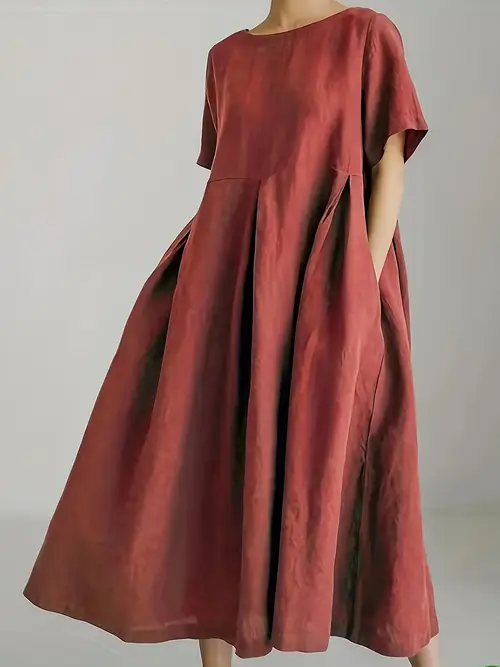 plus size womens short sleeved round neck solid color loose dress