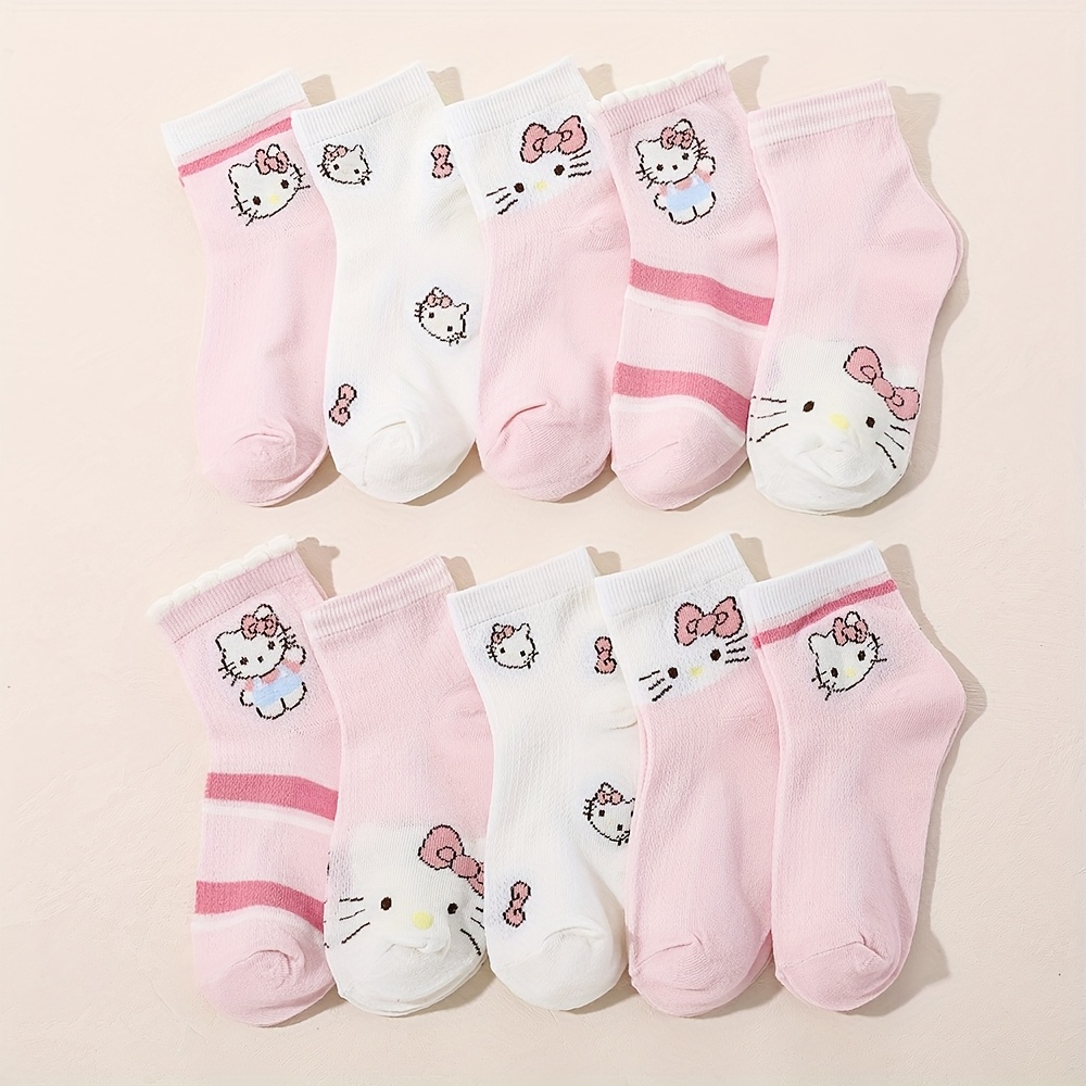 10 Pairs Hello Kitty Kids Ankle Socks Girls Cartoon Breathable Thin Socks Soft Cute Pink Summer Socks