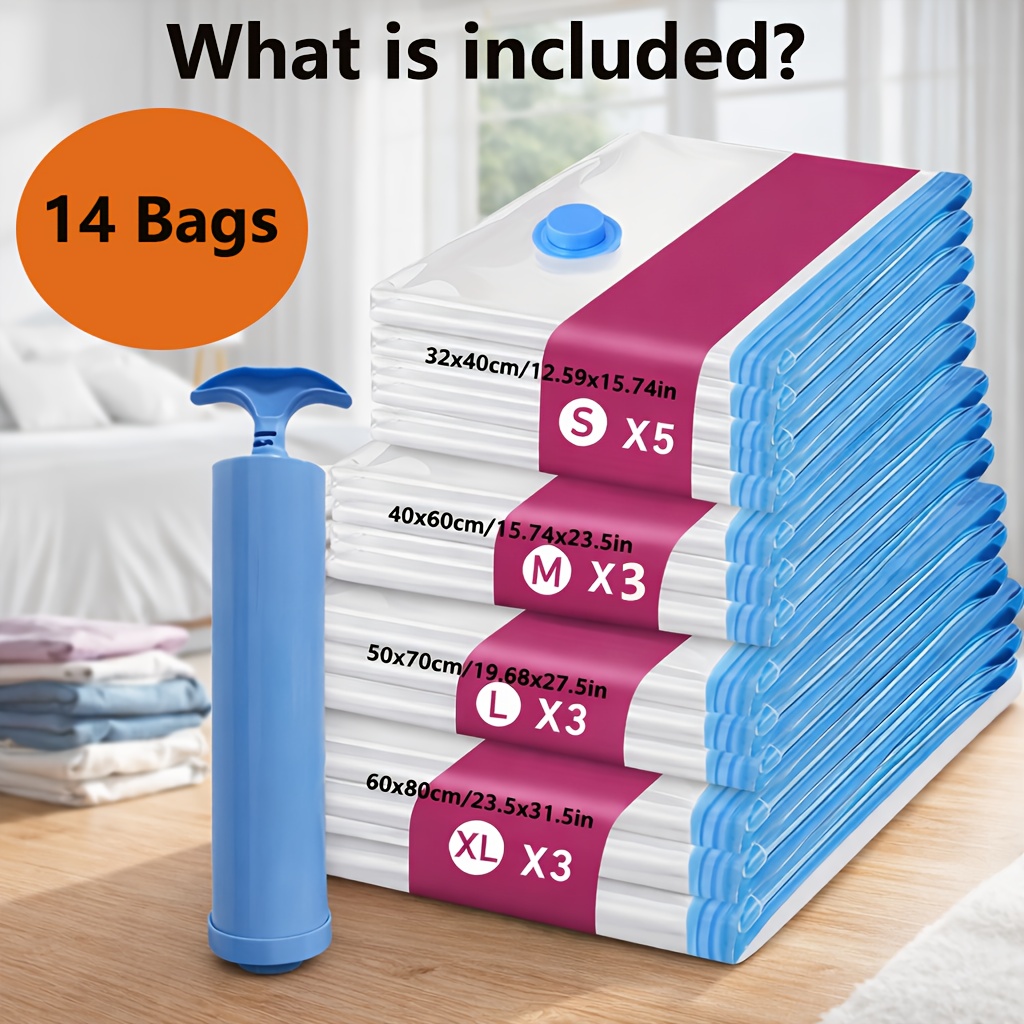 TEMU Ensemble de 14 sacs de rangement sous vide (5 petits, 3 moyens, 3 grands, 3 extra-larges) comprenant une pompe à air manuelle portable, conçus