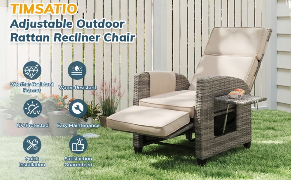 Outdoor Patio Recliner Chair, Independent Adjustable Backrest Up To Lay Flat & Extended Footrest, Flip-Up Side Table, Removable Cushion, All-Weather Wicker, Aluminum Metal Frame For Porch Balcony Garden Poolside