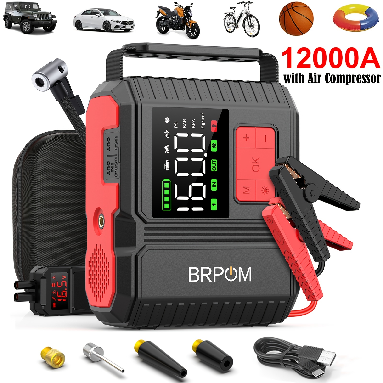 12000a Jump Starter With Air Compressor, 12v Car Battery Booster With 160 Psi Digital Tire Pressure Gauge, Car Jump Starter Jump Box With Cable, Large Lcd Display, Led Light, Eva Bag