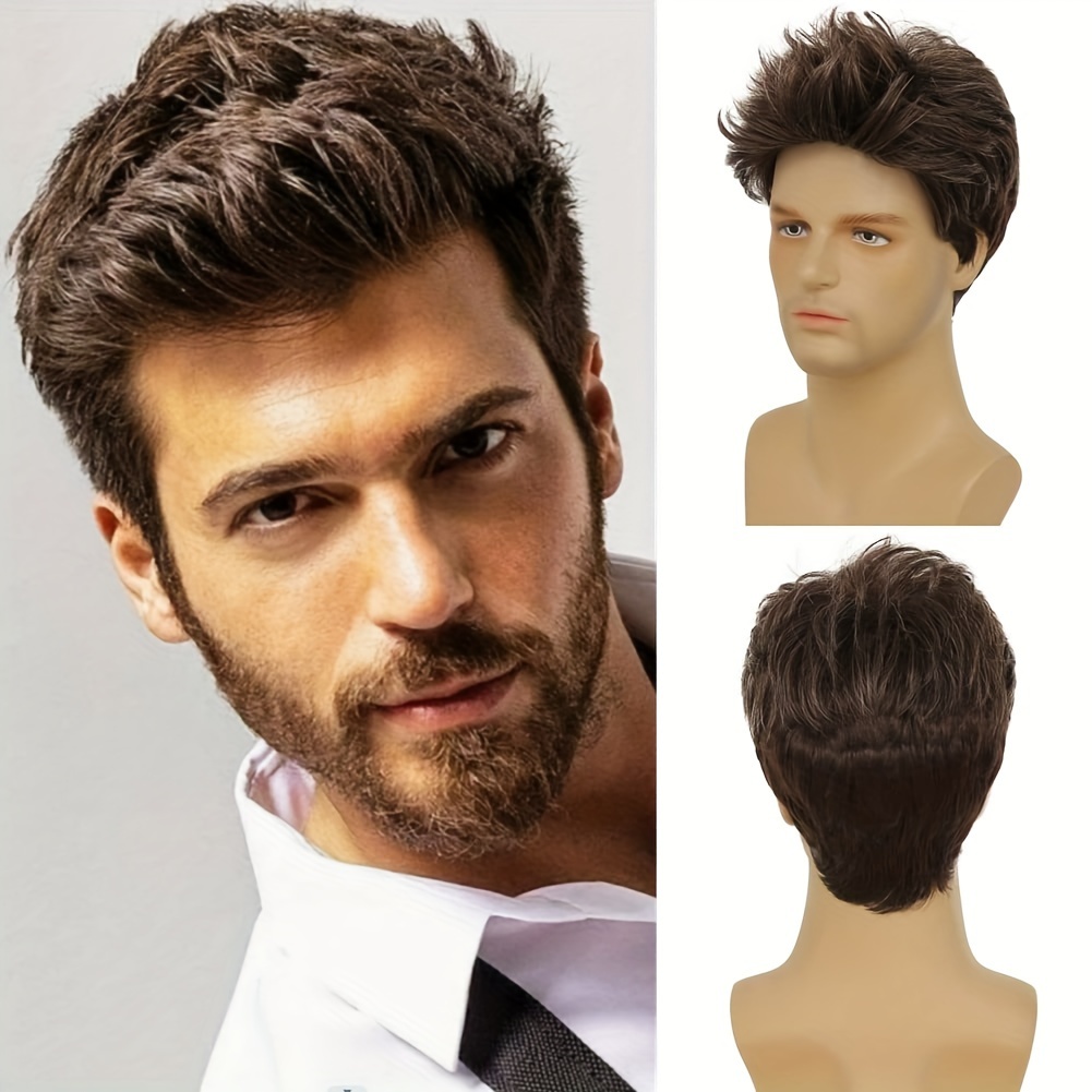 

Mens Short Brown Wig Short Fluffy Hair Natural Looking Synthetic Halloween Cosplay Costume Male Wigs