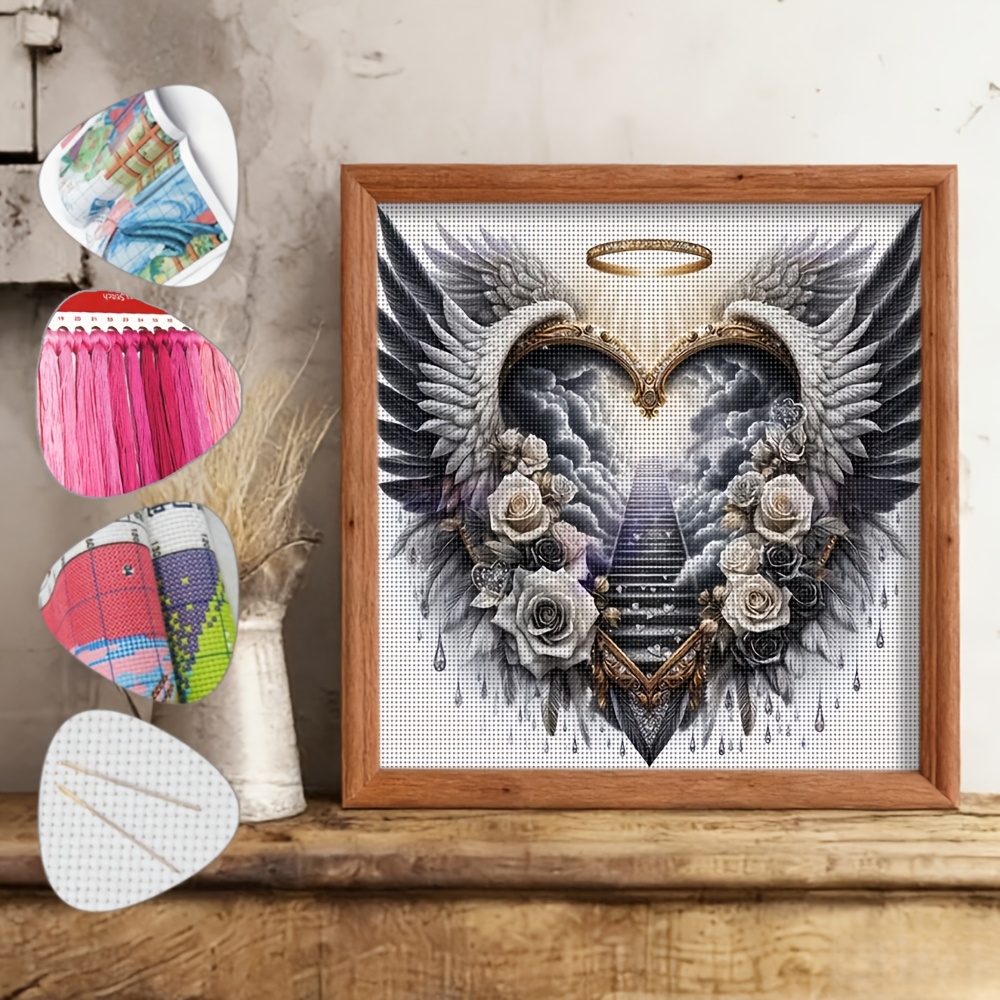 TEMU Kit complet de point de croix Cœur d'ange, 1 lot, pour débutants adultes, 14,17x14,17 pouces, broderie manuelle DIY avec impression de 11CT,