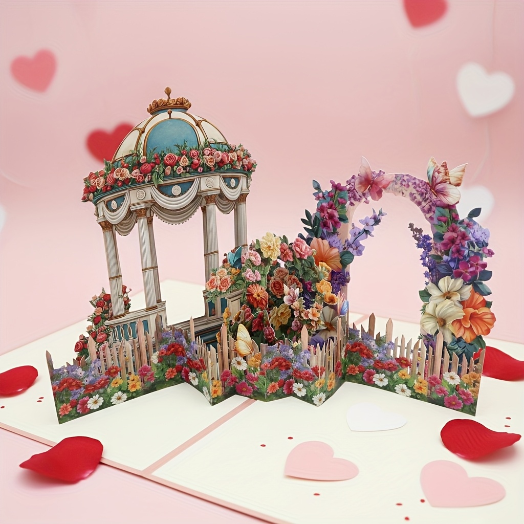TEMU A 3d Pop-up Flower Card Featuring A Gazebo, Suitable For Birthdays, Valentine's Day, And Other Celebrations. It Includes Floral Arches And