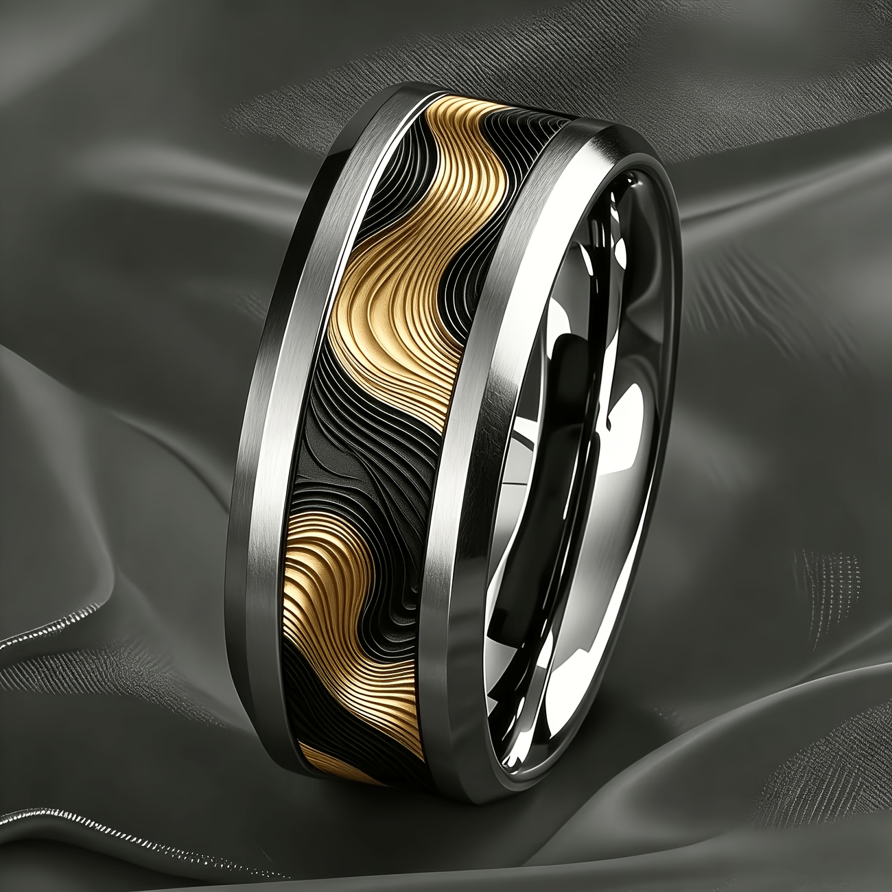 Light Luxury Black Golden Streamlined Stainless Steel Ring