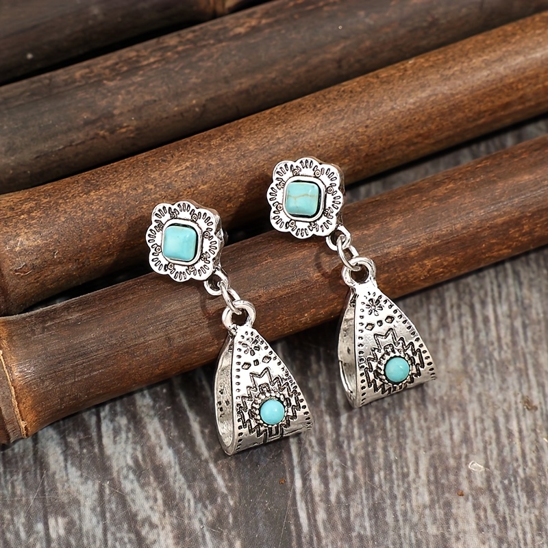 TEMU A Pair Of Exquisite Earrings Featuring Intricate Carved Patterns In A Bohemian Style, Inlaid With Synthetic Turquoise Alloy For Cross-border ,
