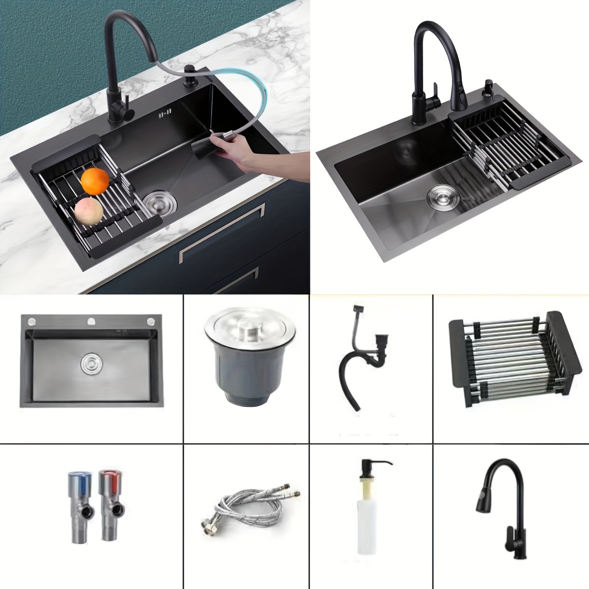 E-shop 50 x Schwarze Einbau-Küchenspüle Arbeitsstation Edelstahl Küchenspüle Tiefbau Einzelbecken Arbeitsstation Küchenspüle mit Ausziehfunktion