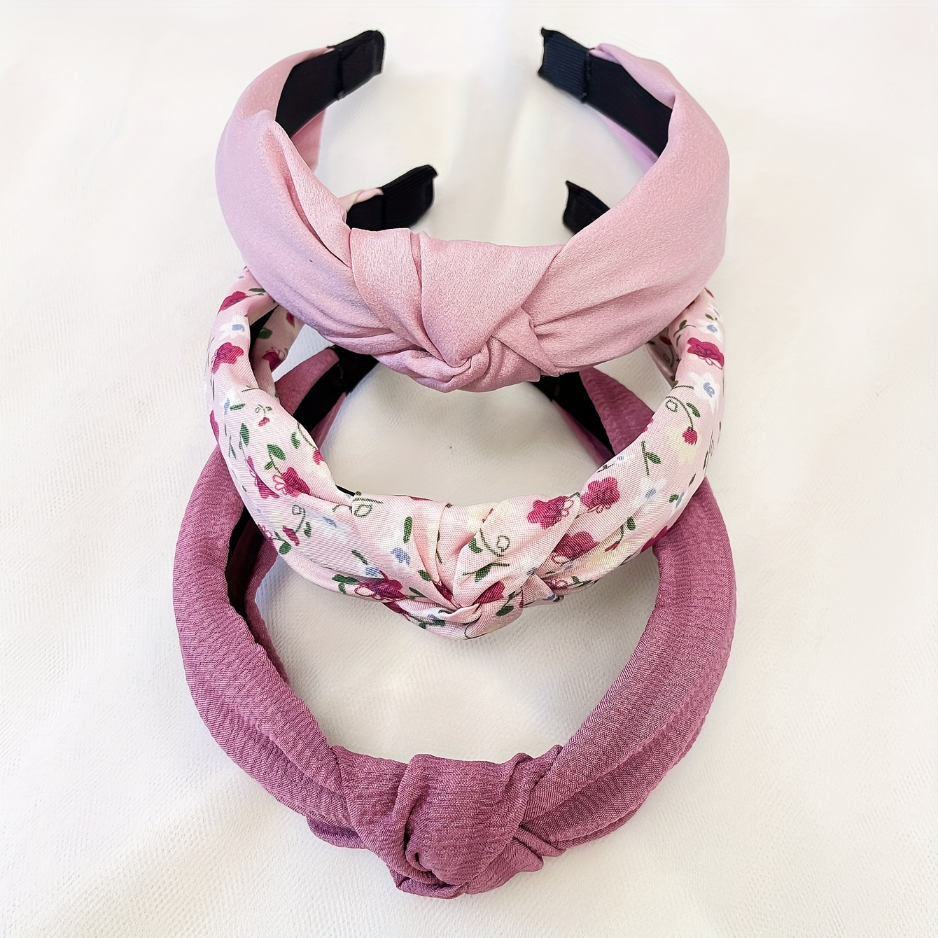 

3pcs Set Women's Cute Pink Floral Plain Fabric Wide Headband For Everyday Use