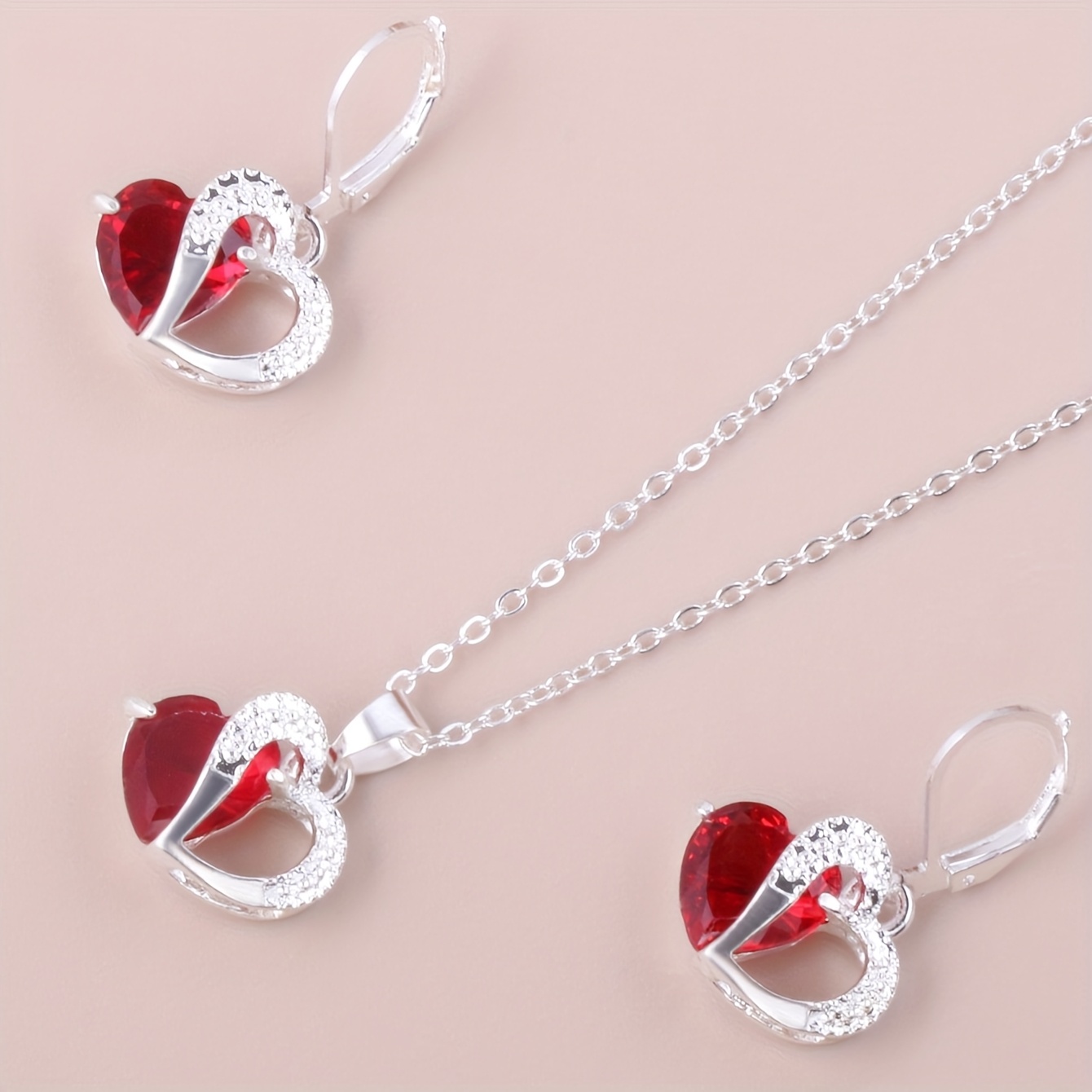 

Women's Big Girl Valentine's Day Silver Plated Red Pendant Necklace Earrings Jewelry Piece Set