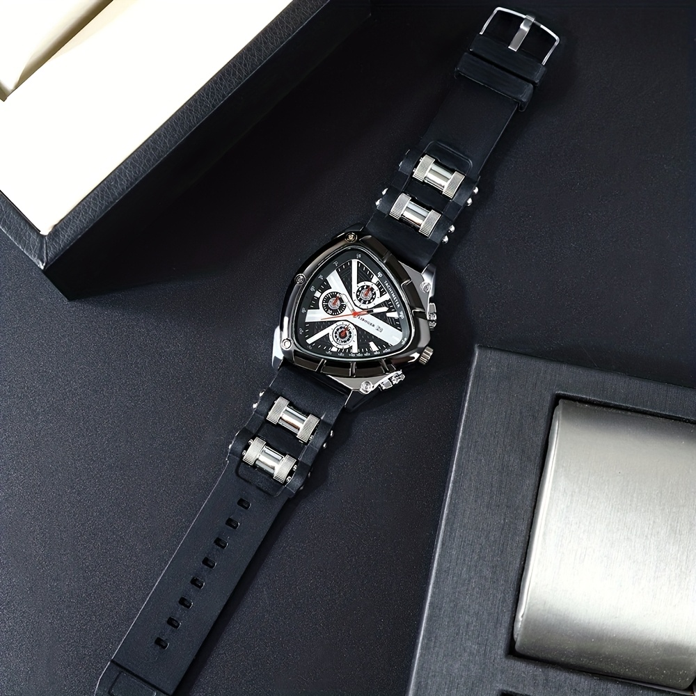3pcs Set Men'S Quartz Watches with Silicone Strap & Date Display - Classic Triangular Dial, & Golden-Tone Case, Non-Rechargeable Battery, Casual & Sporty Wear