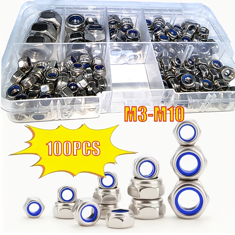 TEMU 100 Stainless Steel Nylon Anti-slip Self-locking Nuts M3-m10, Nylon Embedded Nut, Hexnut, Multi-specification Optional, Locking Design, Suitable