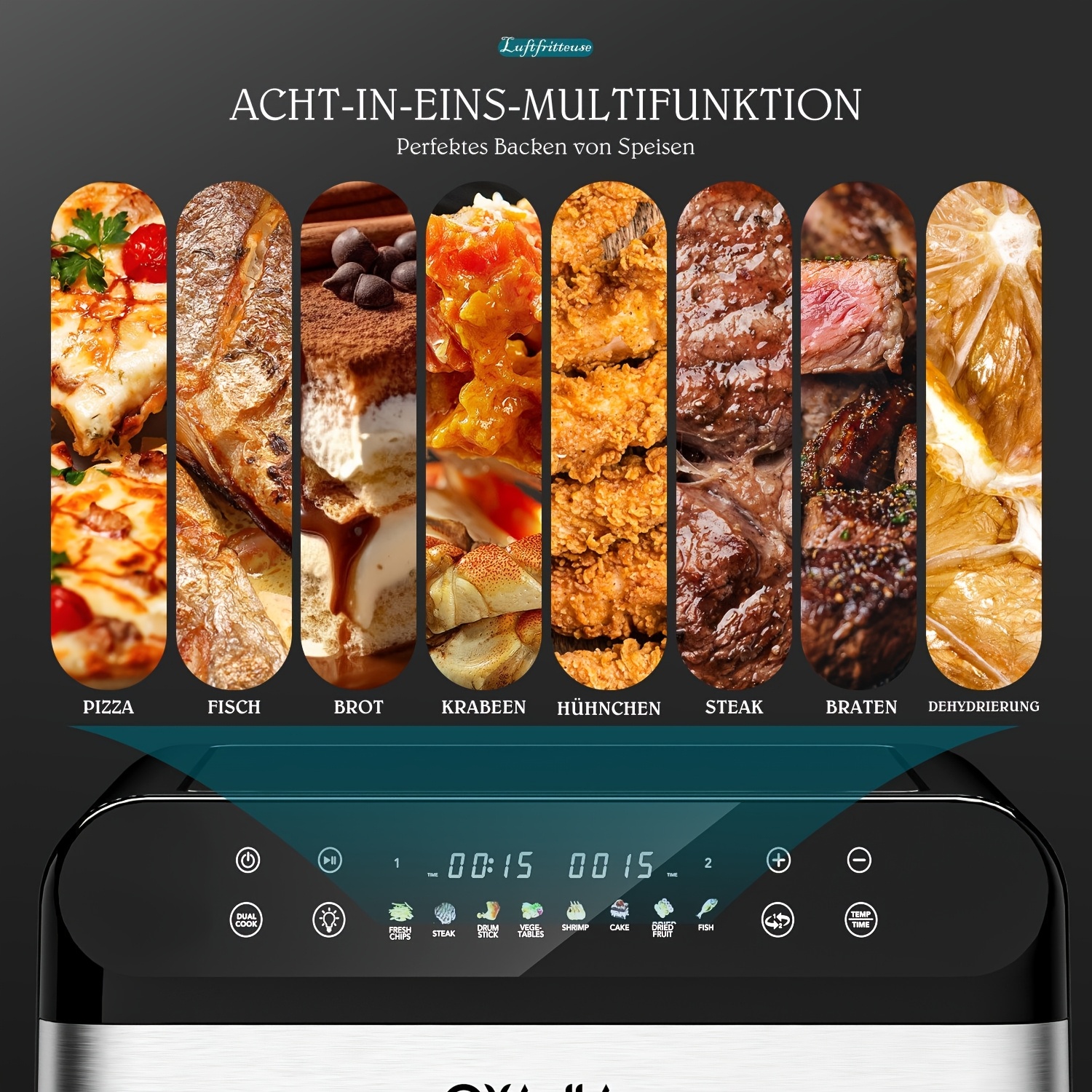 10L Dubbele Deur Airfryer met Gesplitste Kookfunctie 5L + 5L, 2400W, 8 Instellingen, 80-200°C, Hittebestendige ABS Behuizing, Roestvrijstalen Voorzijde, Kleurechtaneel, Zichtbaar Ontwerp Zwart