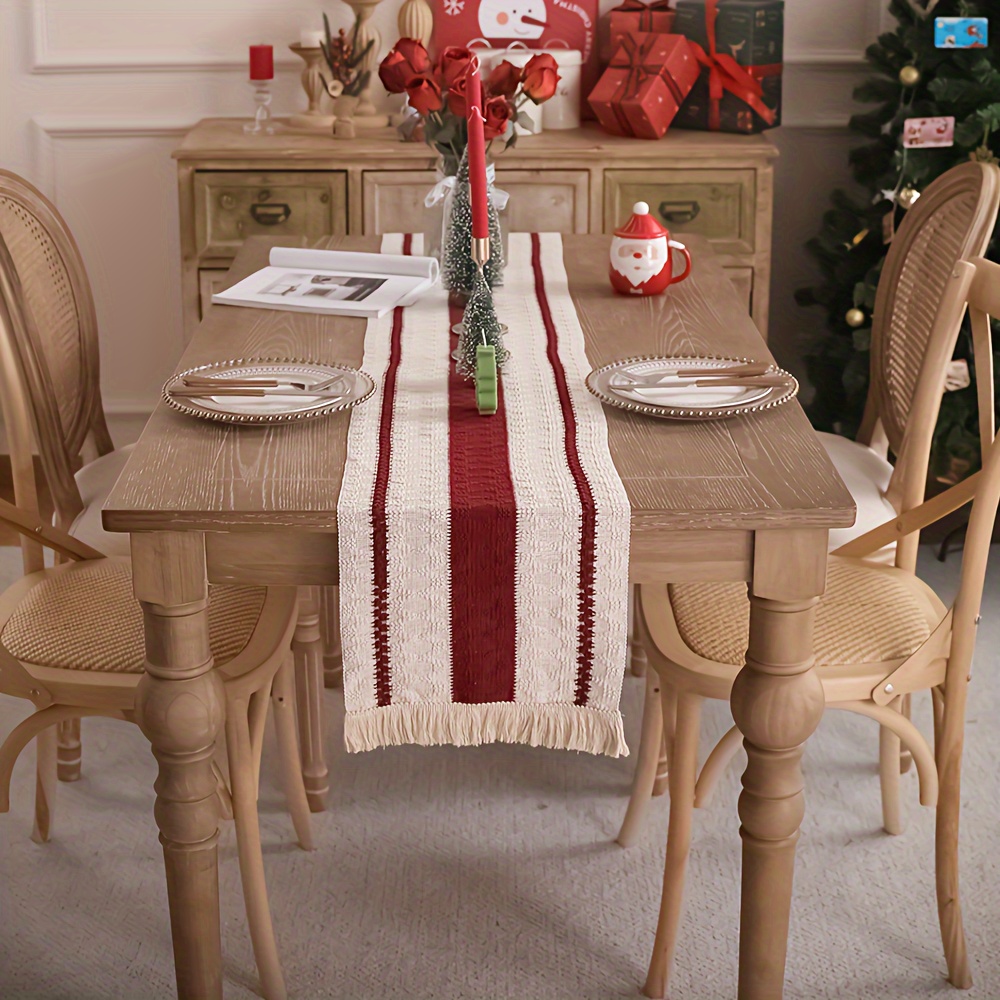 Image of Linen-- Christmas-colored Tassel Dark Red Striped Table Runner For Dining Tables, Sideboards, And Buffets, Suitable For Christmas/daily Party Decorations