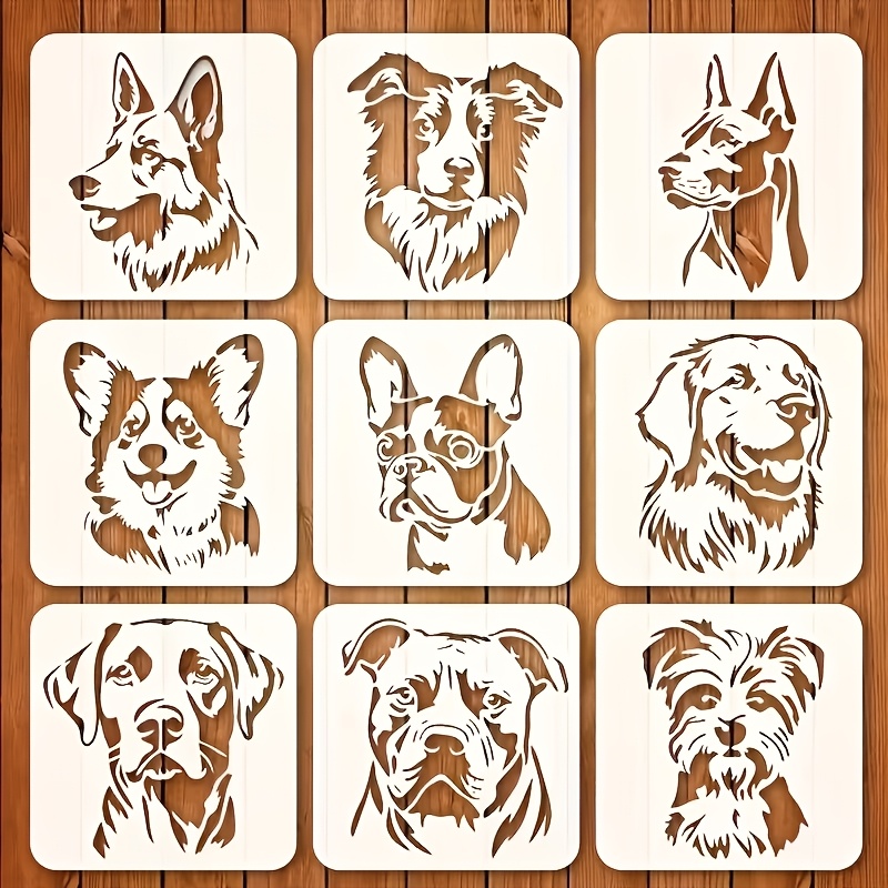 TEMU 9pcs Large Dog Decal Stencil Set - Includes German Shepherd, Pug, , , And Poodle Breeds - Ideal For Painting, Crafting, Scrapbooking, And Home