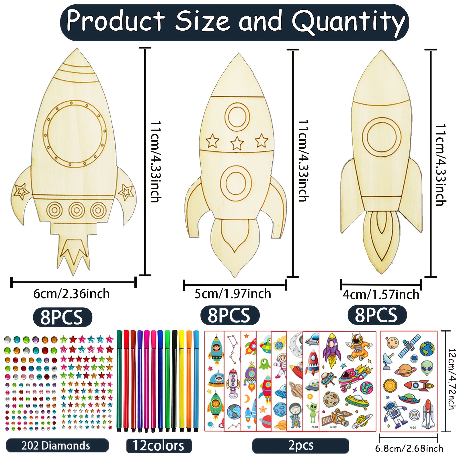 Image of 240pcs Kids Rocket Wooden Craft Kit, Kids Wood Crafts Arts Set, Set, Kids Birthday Party Crafts Set, Includes 24 Rocket Wood Pieces In 3 Shapes, 202 Rhinestones, 12 Colored Pens, 2 Sheets Stickers