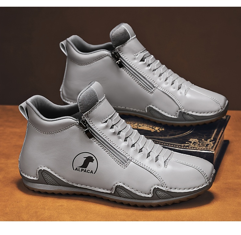 [Casual & Outdoor Shoes] Men's Ankle-High Zipper Boots - PU Upper & Rubber Sole, Slip-On/Lace-Like Zip Closure, All-Terrain Traction (EU 39-48), Casual & Outdoor Shoes for Winter/Spring/Fall, Round Toe Ankle Booties with Cushioned Insole