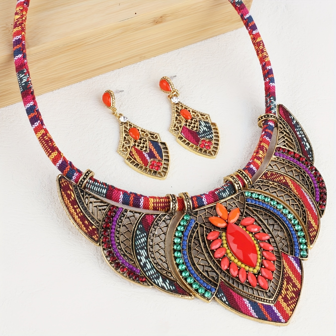 Ethnic Style Necklace and Earrings Colorful Braided Beaded Bohemian Jewelry Set with Zinc Alloy, Random Patterns & Colors for Party Wear