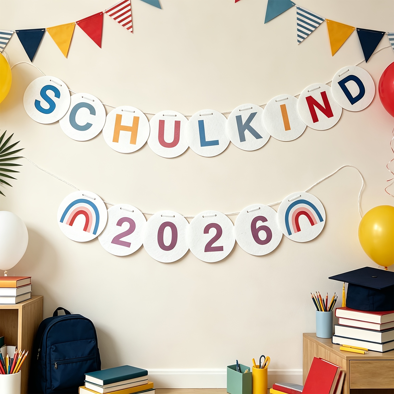 15pcs German Round Discs For Party Banners And Flags, Featuring The German School "schulkind" In Design (morandi-colored German Letters)