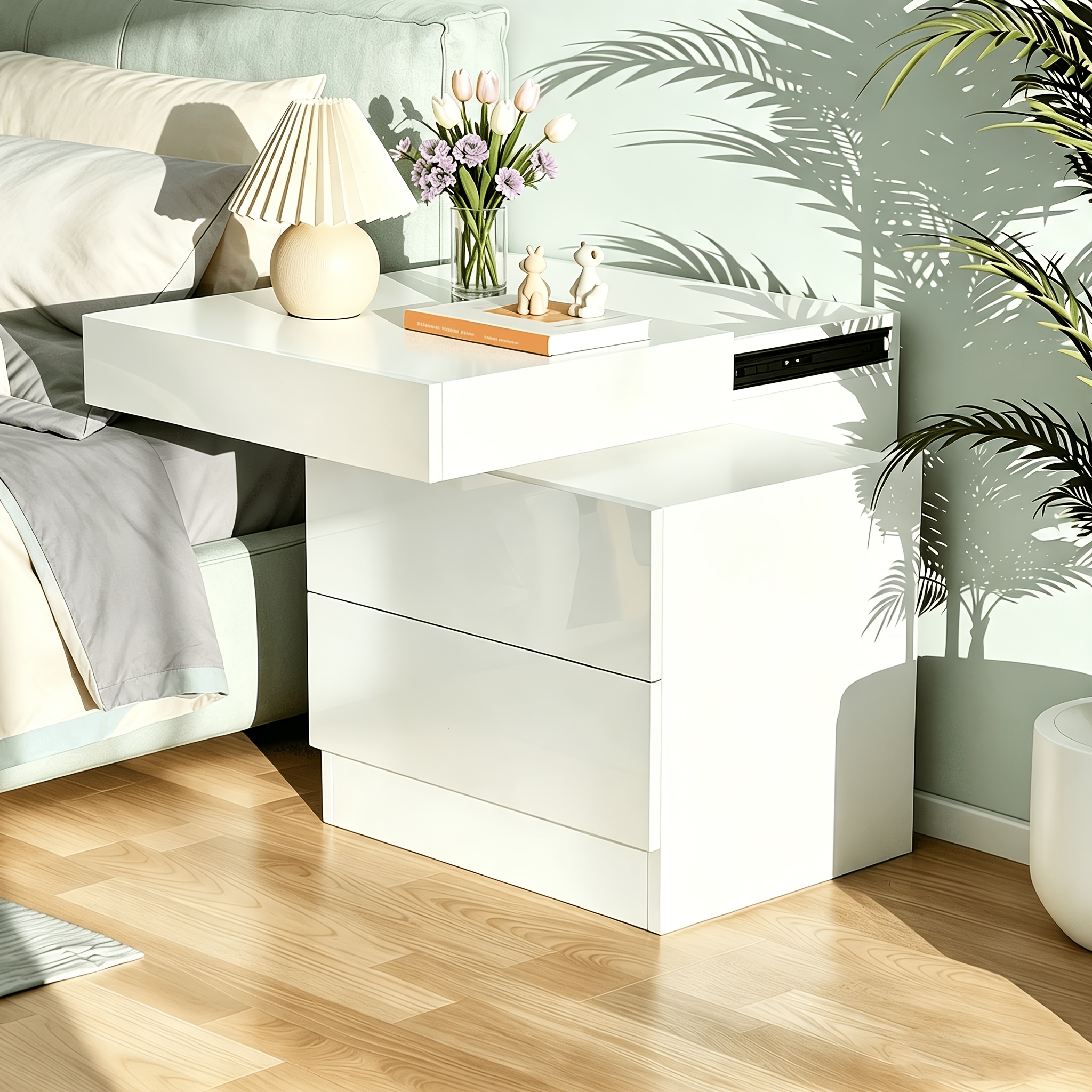 Image of A Small Bedside Table Measuring 40 X 35 X 52 Cm, Featuring A Top Sliding Privacy Drawer Cabinet, Storage Space With 2 Drawers, Suitable For Office Or Sofa Side Storage, Makeup Organization, In