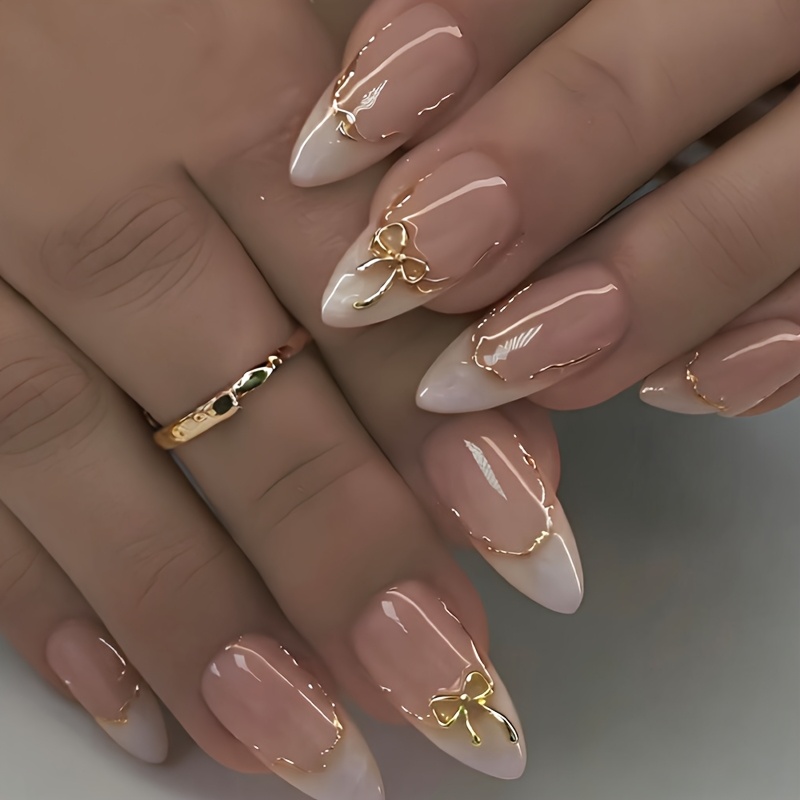 24pcs Medium Almond Shape Press On Nails Ombre On Nails Iridescent Golden Lines And Golden Bows Design Suitable For Daily Wear Of Women And