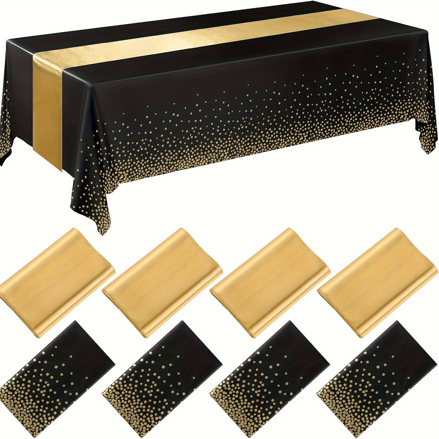 TEMU Halloween, Christmas, 8pcs Disposable Plastic Tablecloth And Table Runner Set Black Golden Polka Dot Tablecloth Runner Suitable For Graduation