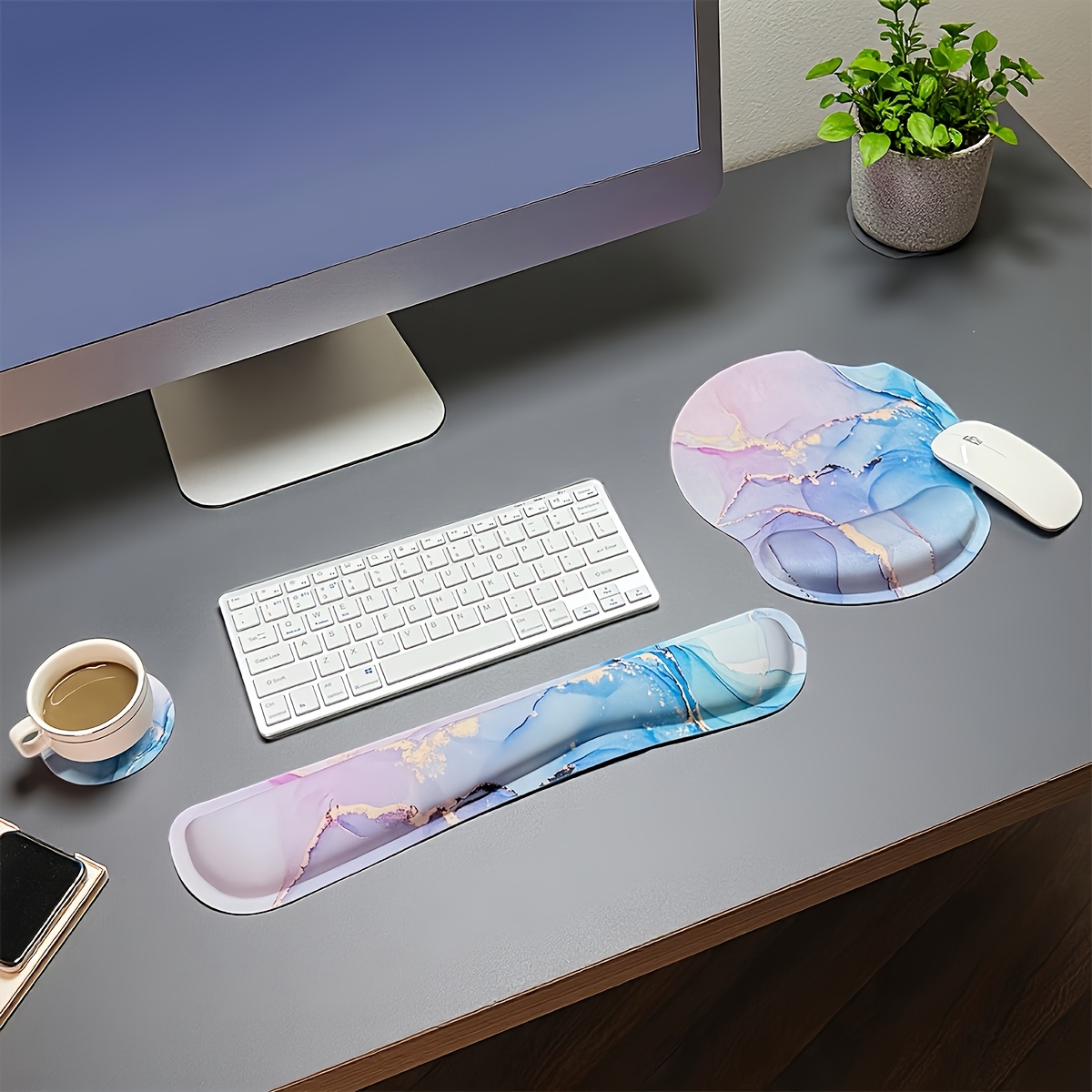 3pcs mouse pad with wrist support ergonomic mouse pad with memory foam wrist rest cushion non slip rubber   mice pad for home office computer laptop green marble Product details 1