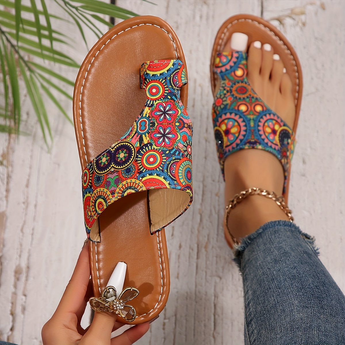 womens flower pattern slide sandals casual loop toe summer shoes lightweight slip on slide sandals details 2