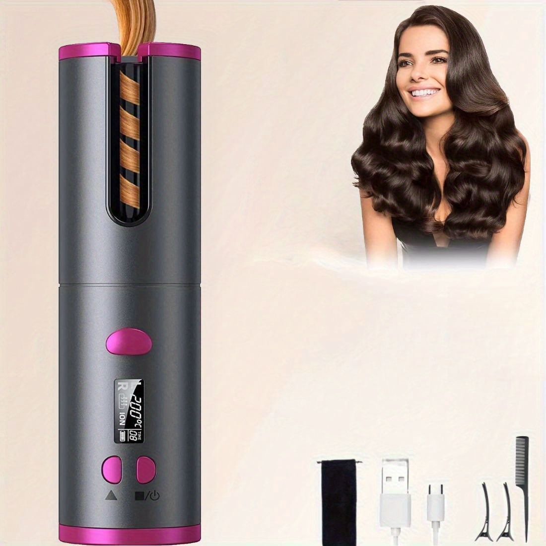 TEMU Cordless Automatic Curling Iron, Free Wireless Automatic Curling Iron, Portable Usb Charging Rotary Curling Iron Ceramic Curling Wand For Long