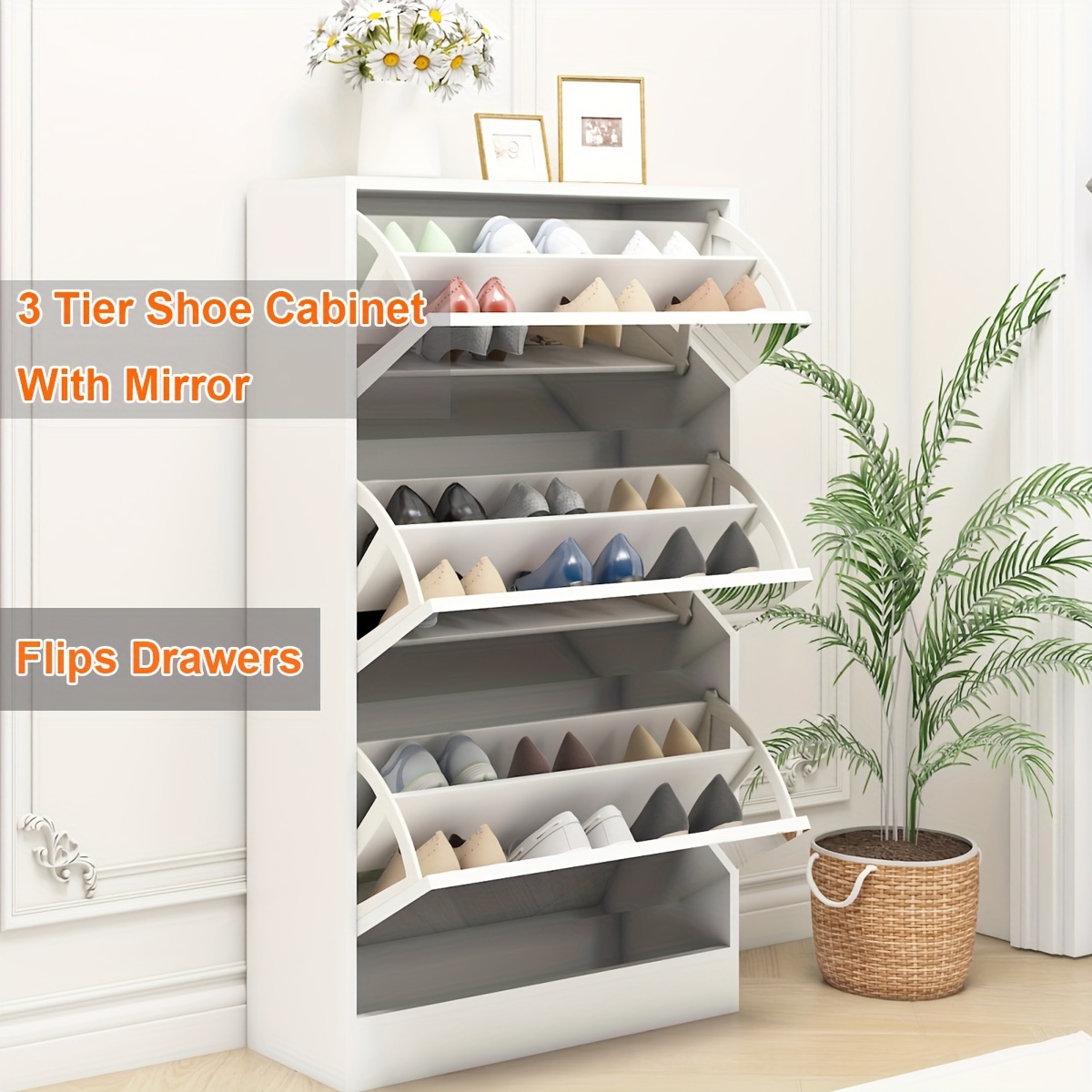 

Shoe Cabinets Storage With Mirror, 3 Tier Shoe Rack Flip Drawers Organizer, To Store 18-24 Pairs Of Shoes, For Home Living Room, Apartment, Indoor Furniture