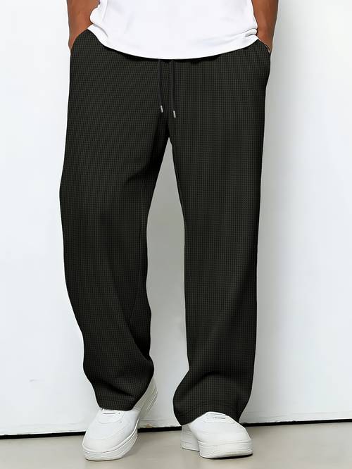 new mens european and american waffle knit solid color drawstring pants loose casual straight leg sports trousers