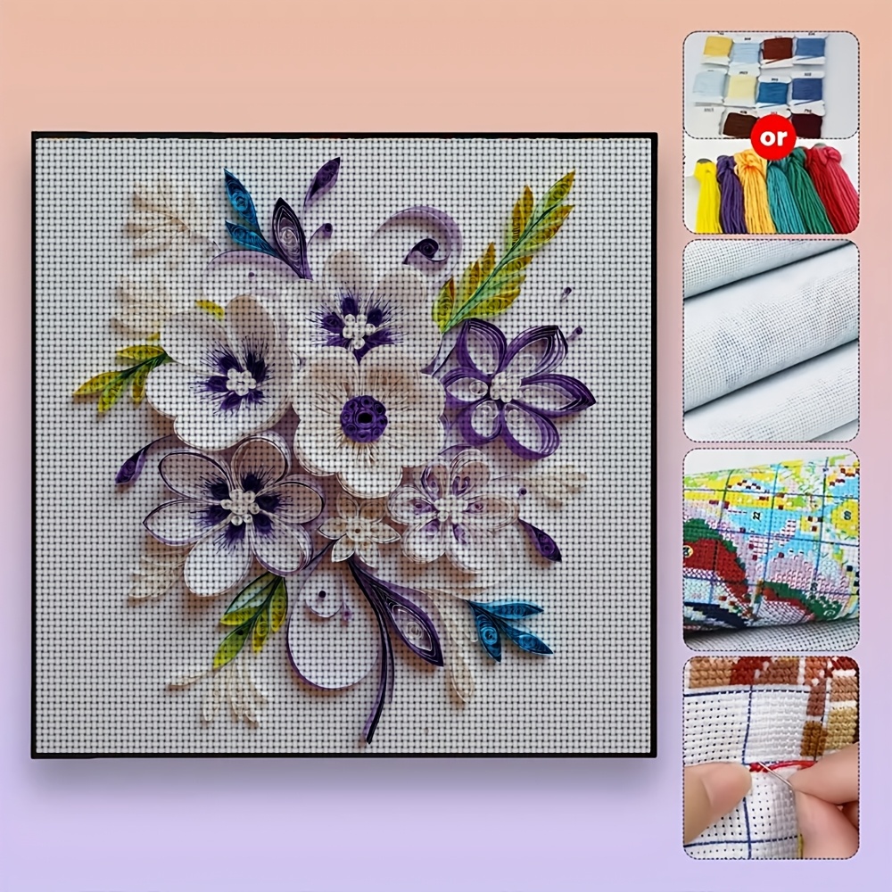 DIY Cross-Stitch Printed Kit with Quilling Floral Decoration Pattern, Frameless