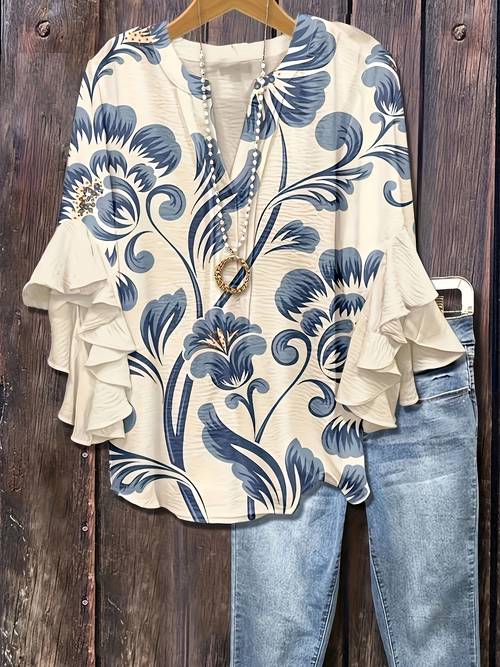 elegant womens pullover vintage blue floral print ruffle design gentle yet sophisticated everyday commuting