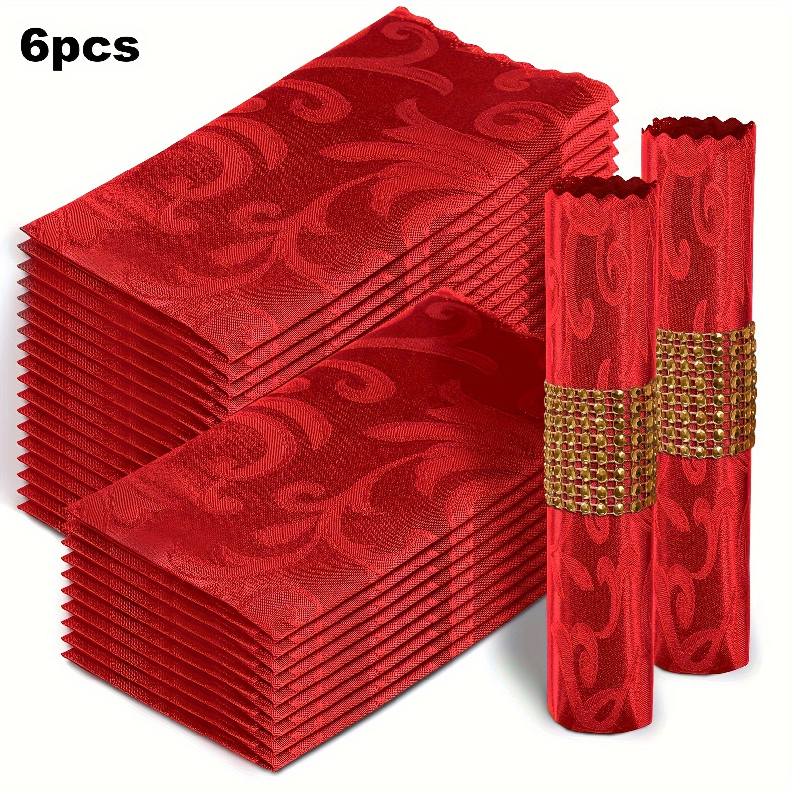 TEMU Satin Cloth Napkins Decoration Napkin 6pcs 17x17" Jacquard Solid Christmas Napkin, Suitable For Festive Table Decoration, Red Dark Green Rose