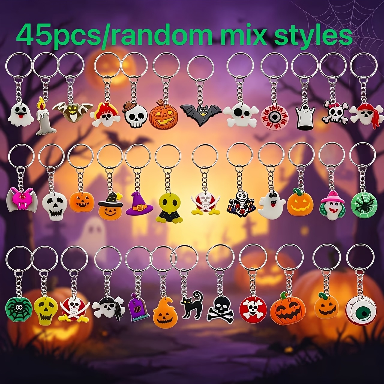 Image of 45pcs Random Assortment Of Cute Cartoon Halloween Pvc Keychains: , Pumpkins, Bats, Skeletons. Suitable For Backpacks, Wallets, And As Halloween Family Activity Party Gifts
