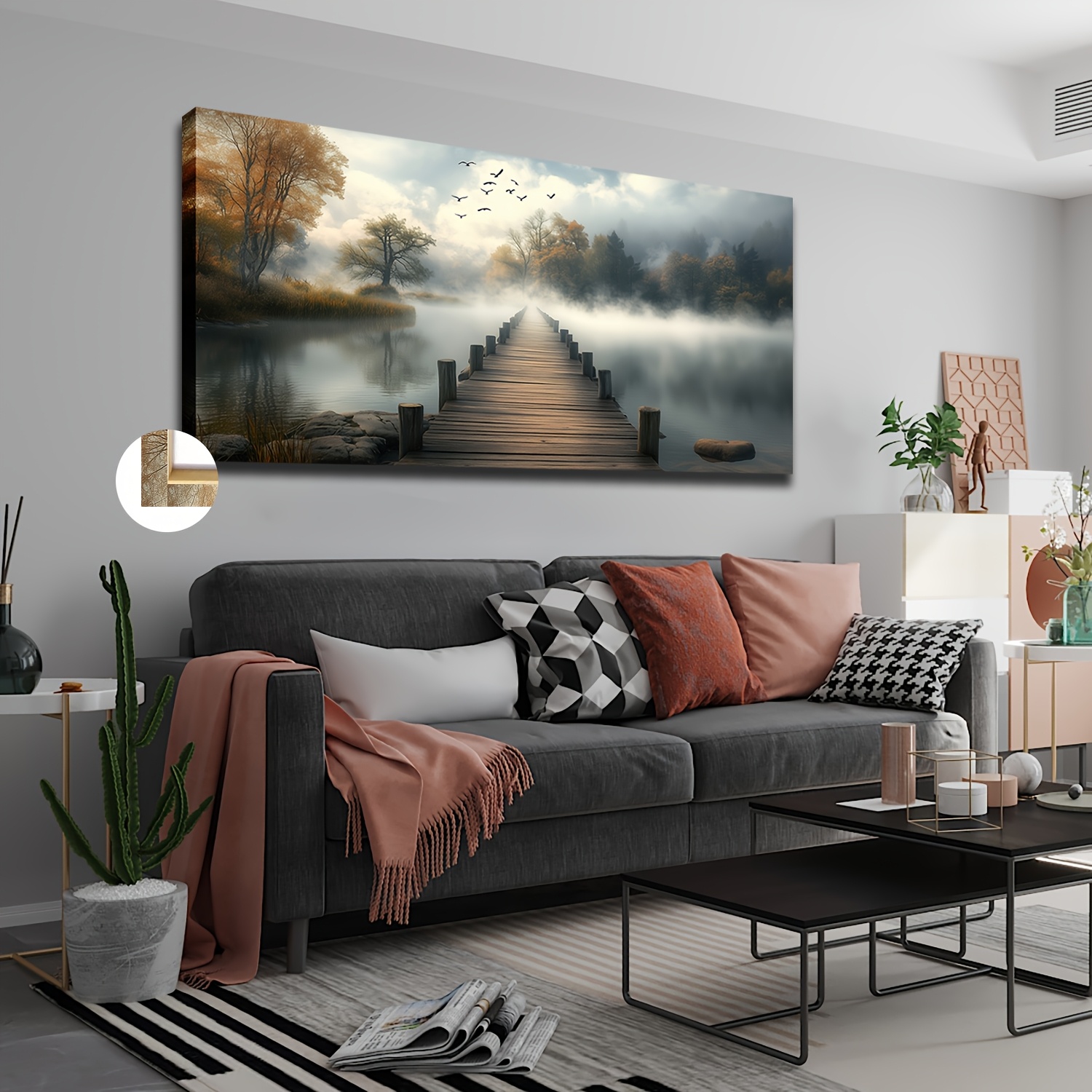 TEMU Art sur Toile Encadré Grand Format - Paysage de et Pont en Bois, 20x40 Pouces, Décoration Murale Minimaliste pour Salon, Chambre ou Bureau,