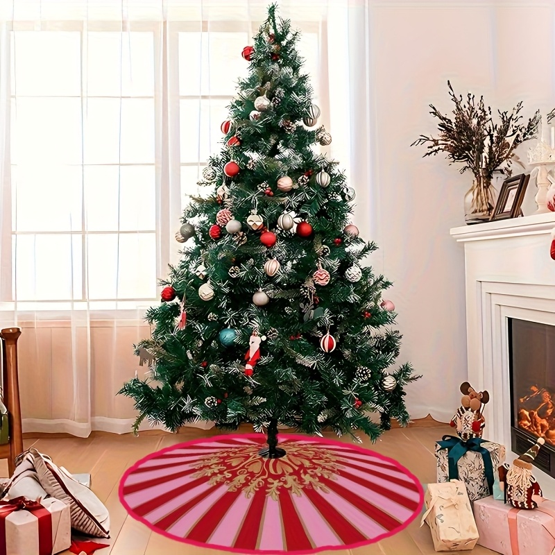 TEMU Christmas Tree Skirt Featuring Red And Pink Stripes With A Mandala Design, Made Of Polyester, Decoration