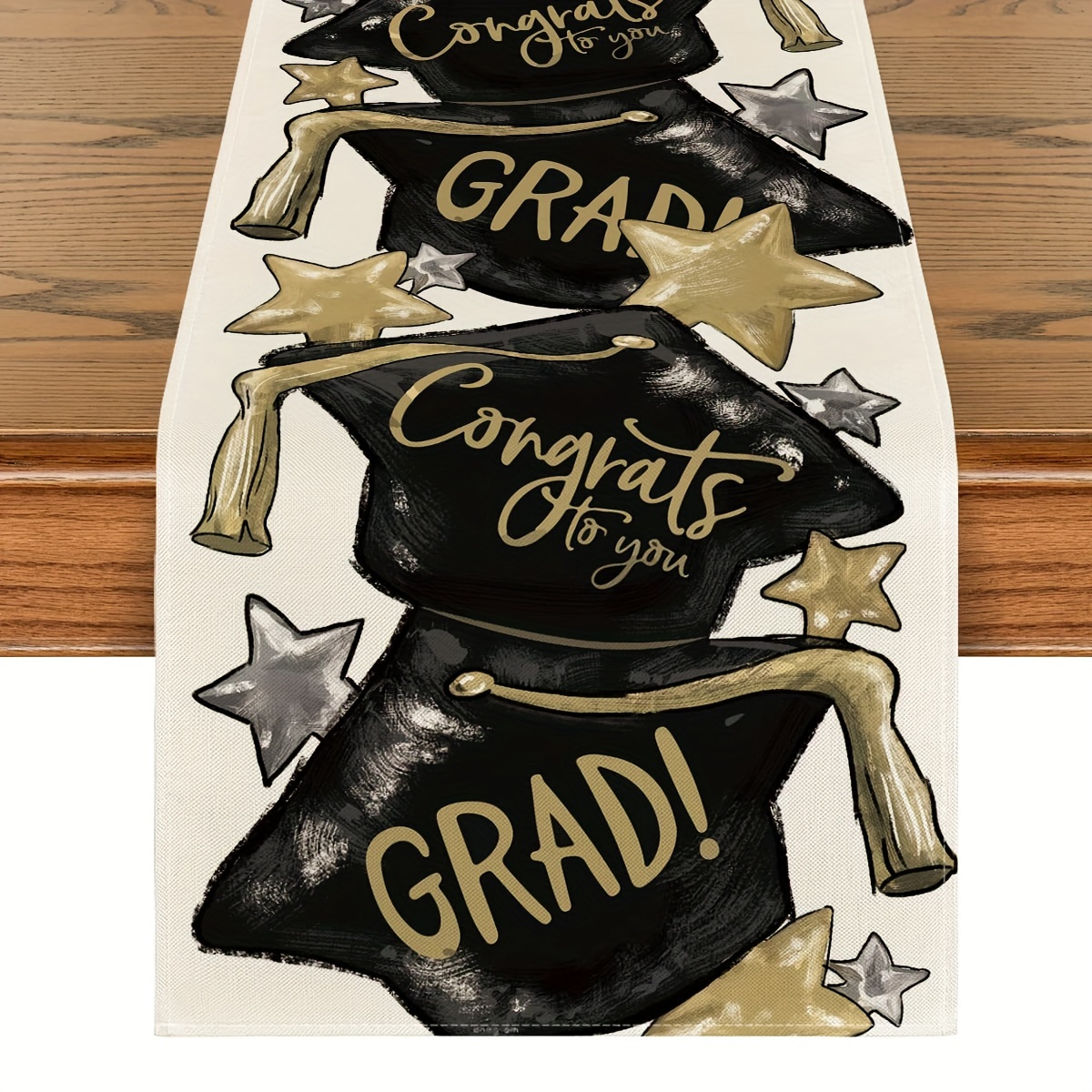 

1pc, Table Runner, Graduation Theme Table Runner, Polyester "congrats To You" With Graduation Cap & Stars Design, Dustproof, Watercolor Style, Aesthetic Home & Party Decor