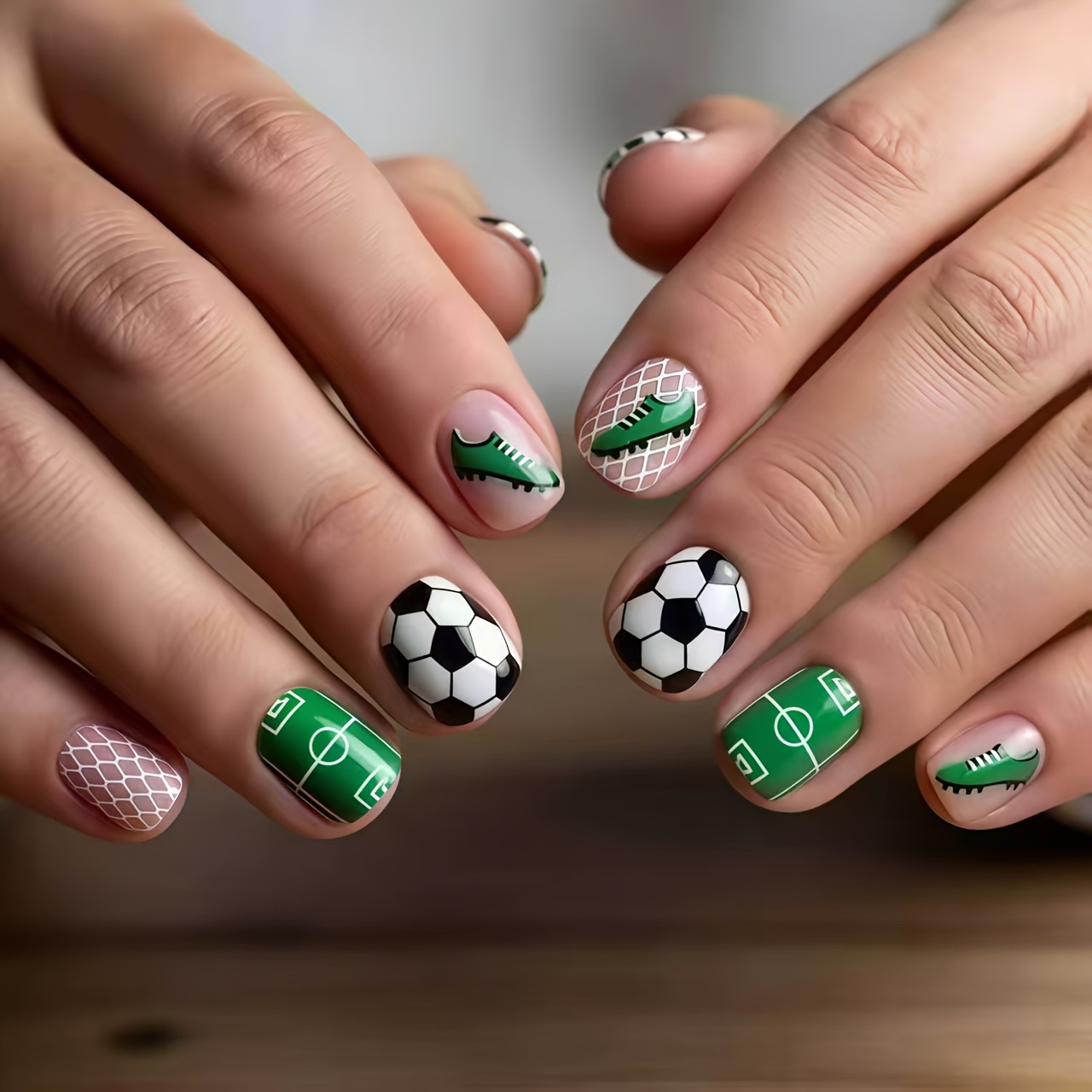 TEMU 24pcs Soccer Themed Press-on Nails, Fan Style Short Square-round Tips, Sporty Style Fake Nail Stickers, Short Glossy Detachable Nail Tips For