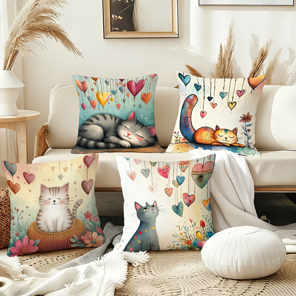 TEMU A Set Of 4 Adorable Cat-themed Pillowcases, Featuring A Soothing And , Is Perfect For Spaces Such As A Cat Owner's Bedroom, Living Room Sofa, Or